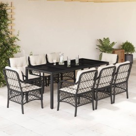 Set da Pranzo da Giardino 9 pz con Cuscini Nero in Polyrattan