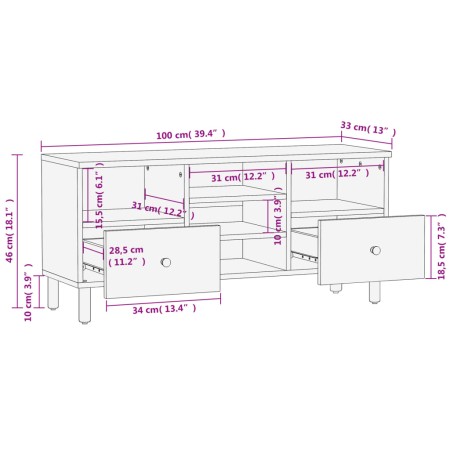 Mobile Porta TV Nero 100x33x46 cm in Legno Massello di Mango