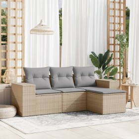 Set Divano da Giardino 4 pz con Cuscini Beige in Polyrattan