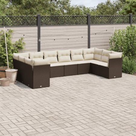 Set Divani da Giardino 10pz con Cuscini in Polyrattan Marrone