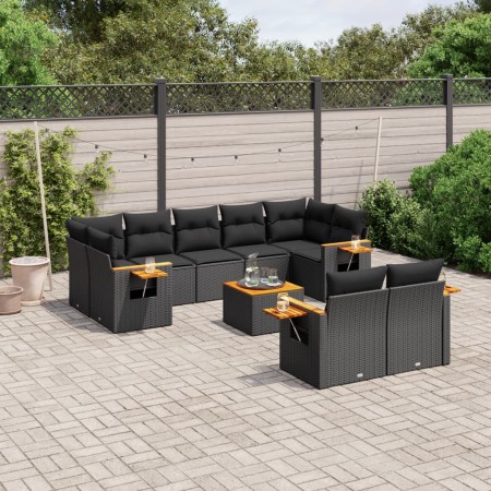 Set Divani da Giardino 10pz con Cuscini in Polyrattan Nero