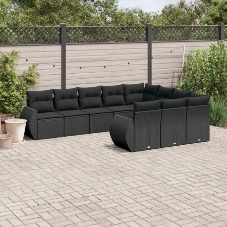 Set Divani da Giardino 10pz con Cuscini in Polyrattan Nero