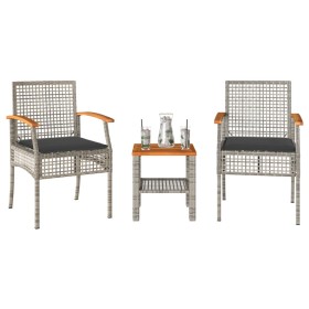 Set da Bistrò 3 pz con Cuscini Grigio Polyrattan e Legno Acacia