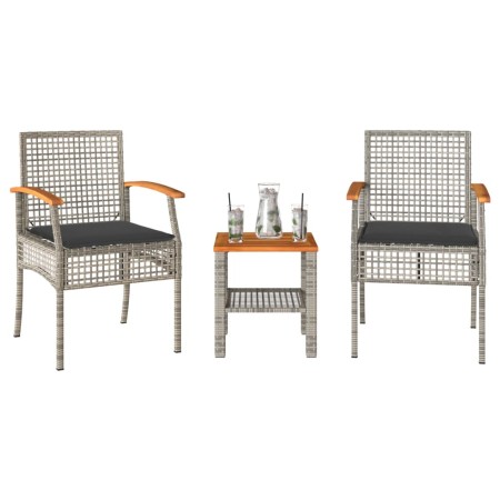 Set da Bistrò 3 pz con Cuscini Grigio Polyrattan e Legno Acacia