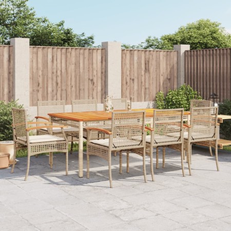 Set da Pranzo da Giardino 9 pz con Cuscini Beige in Polyrattan