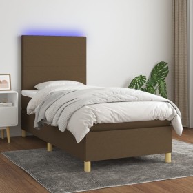 Letto a Molle Materasso e LED Marrone Scuro 90x200cm in Tessuto