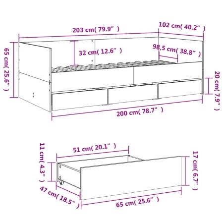 Divano Letto con Cassetti Rovere Fumo 100x200 cm Multistrato