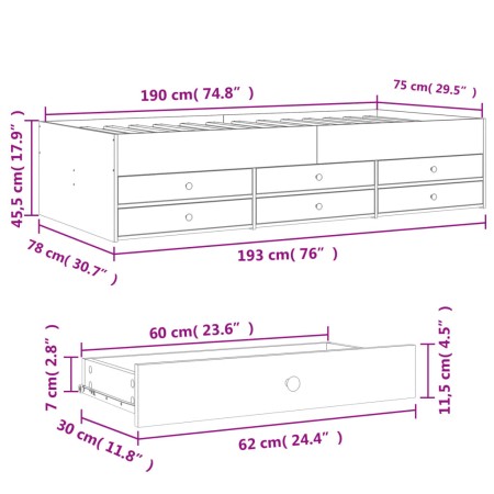 Divano Letto con Cassetti Bianco 75x190 cm in Legno Multistrato