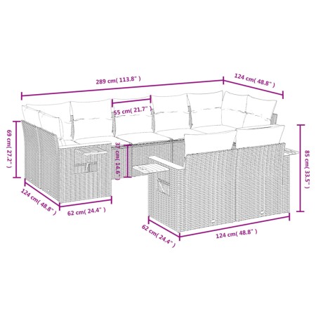 Set Divani da Giardino 9 pz con Cuscini Nero in Polyrattan