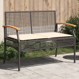 Panca da Giardino con Cuscino Nera in Polyrattan e Legno Acacia