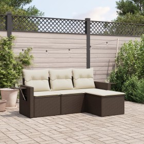 Set Divano da Giardino 4 pz con Cuscini Marrone in Polyrattan