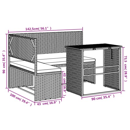 Divano da Giardino con Tavolo e Cuscini a L Grigio Polyrattan