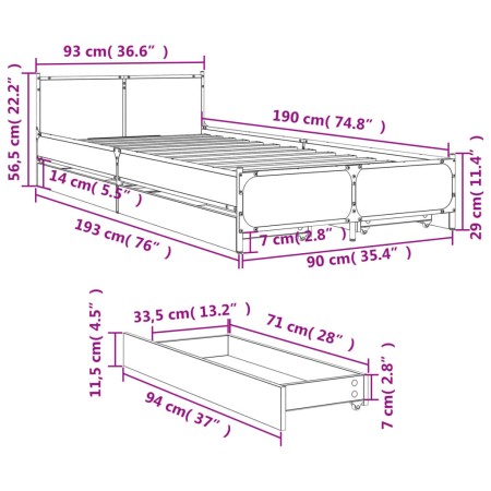 Giroletto Cassetti Grigio Sonoma 90x190 cm Legno Multistrato