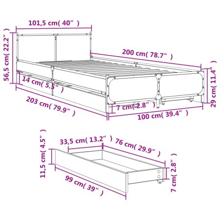 Giroletto con Cassetti Nero 100x200 cm in Legno Multistrato