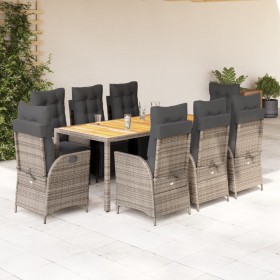 Set da Pranzo da Giardino 9 pz con Cuscini in Polyrattan Grigio