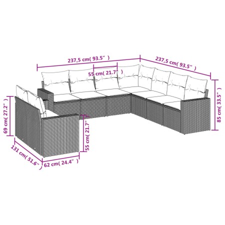 Set Divani da Giardino 9pz con Cuscini Marrone in Polyrattan