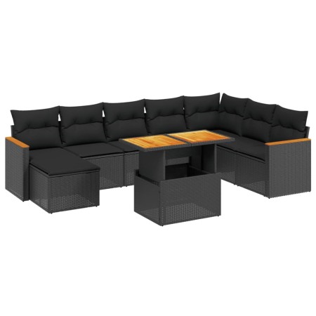 Set Divani da Giardino 9 pz con Cuscini Nero in Polyrattan