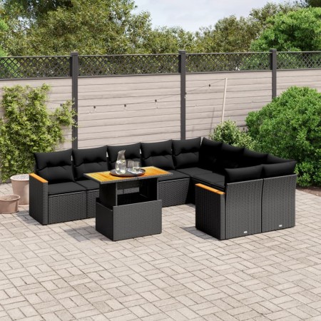 Set Divani da Giardino 10pz con Cuscini in Polyrattan Nero