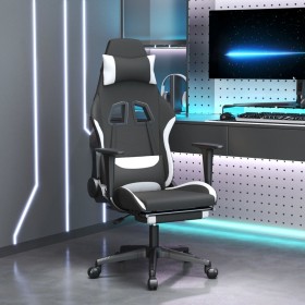 Sedia da Gaming con Poggiapiedi Nero e Bianco in Tessuto