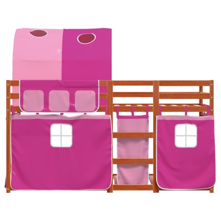 Letto a Castello con Tende Rosa 90x200 cm Legno Massello Pino