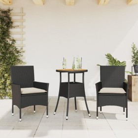 Set Pranzo da Giardino 3 pz con Cuscini Nero Polyrattan Acacia