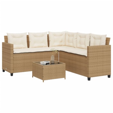 Divano da Giardino con Tavolo e Cuscini a L Beige in Polyrattan