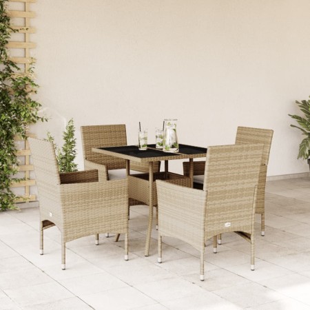 Set da Pranzo da Giardino 5 pz con Cuscini Polyrattan e Vetro