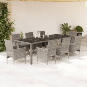 Set da Pranzo da Giardino 9 pz con Cuscini Polyrattan e Vetro