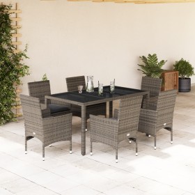 Set da Pranzo da Giardino 7 pz con Cuscini Polyrattan e Vetro