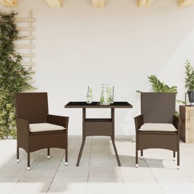 Set da Pranzo da Giardino 3pz con Cuscini Polyrattan e Vetro