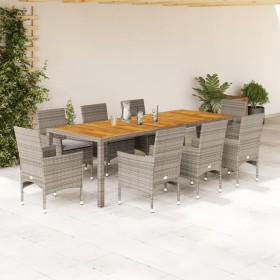 Set Pranzo da Giardino 9pz con Cuscini Polyrattan Acacia Grigio