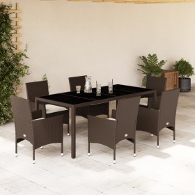 Set Pranzo da Giardino 7pz con Cuscini Marrone Polyrattan Vetro