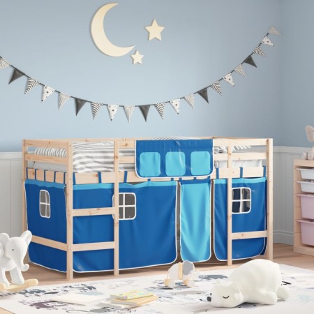 Letto a Soppalco con Tende Bambini Blu 80x200 cm Massello Pino