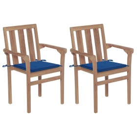 Sedie da Giardino 2 pz con Cuscini Blu Reale Massello di Teak