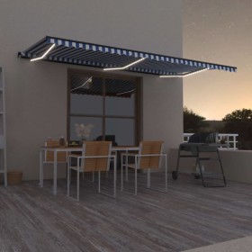 Tenda da Sole Retrattile Manuale con LED 600x350 cm Blu Bianco