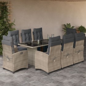 Set Pranzo da Giardino 9pz con Cuscini Grigio Chiaro Polyrattan