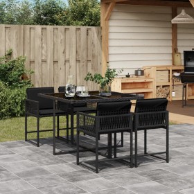 Set da Pranzo da Giardino 5 pz Nero con Cuscini in Polyrattan