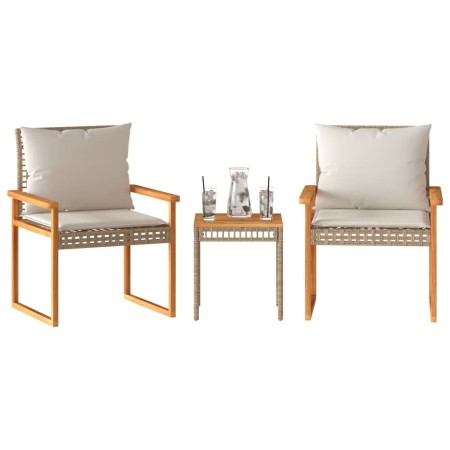 Set da Bistrò 3 pz con Cuscini Beige Misto Polyrattan e Acacia