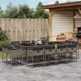 Set da Pranzo da Giardino 13pz con Cuscini Grigio in Polyrattan