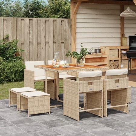 Set da Pranzo da Giardino 9 pz con Cuscini Beige in Polyrattan