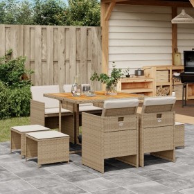 Set da Pranzo da Giardino 9 pz con Cuscini Beige in Polyrattan