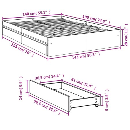 Giroletto Cassetti Grigio Cemento 140x200 cm Legno Multistrato