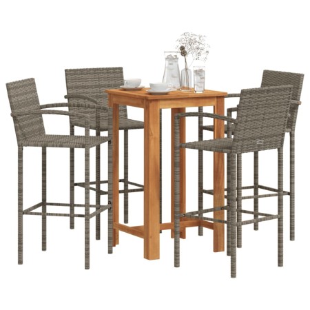 Set Bar Giardino 5pz Grigio Legno Massello Acacia e Polyrattan