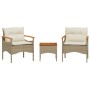 Set Divano da Giardino 3 pz con Cuscini Beige in Polyrattan