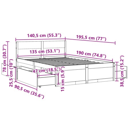 Giroletto con Cassetti 135x190 cm in Legno Massello di Pino