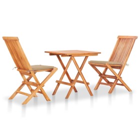 Set da Bistrot 3 pz con Cuscini Beige in Legno Massello di Teak