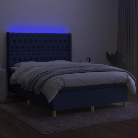 Letto a Molle con Materasso e LED Blu 140x200 cm in Tessuto