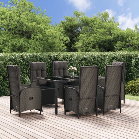 Set da Pranzo Giardino 7pz Nero e Grigio con Cuscini Polyrattan