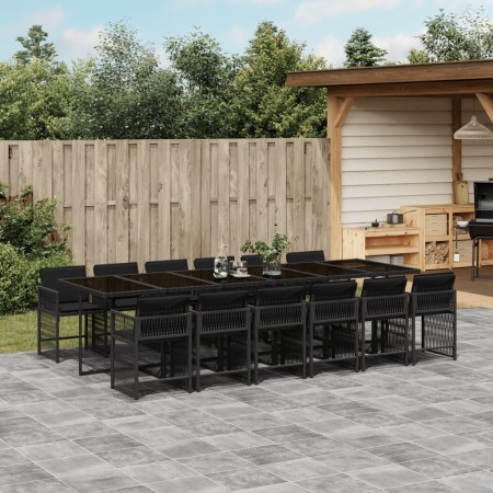 Set da Pranzo da Giardino 13pz con Cuscini Nero in Polyrattan
