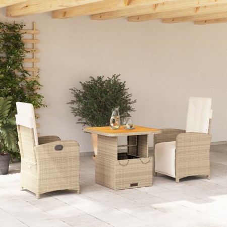 Set da Pranzo da Giardino 3 pz con Cuscini Beige in Polyrattan